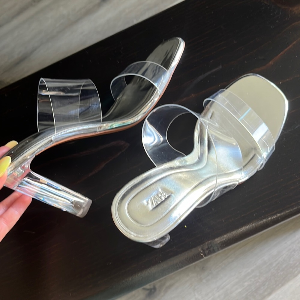 ZARA CLEAR HEELS. Silver/ clear heels. Worn once a couple of hours. Size 37.